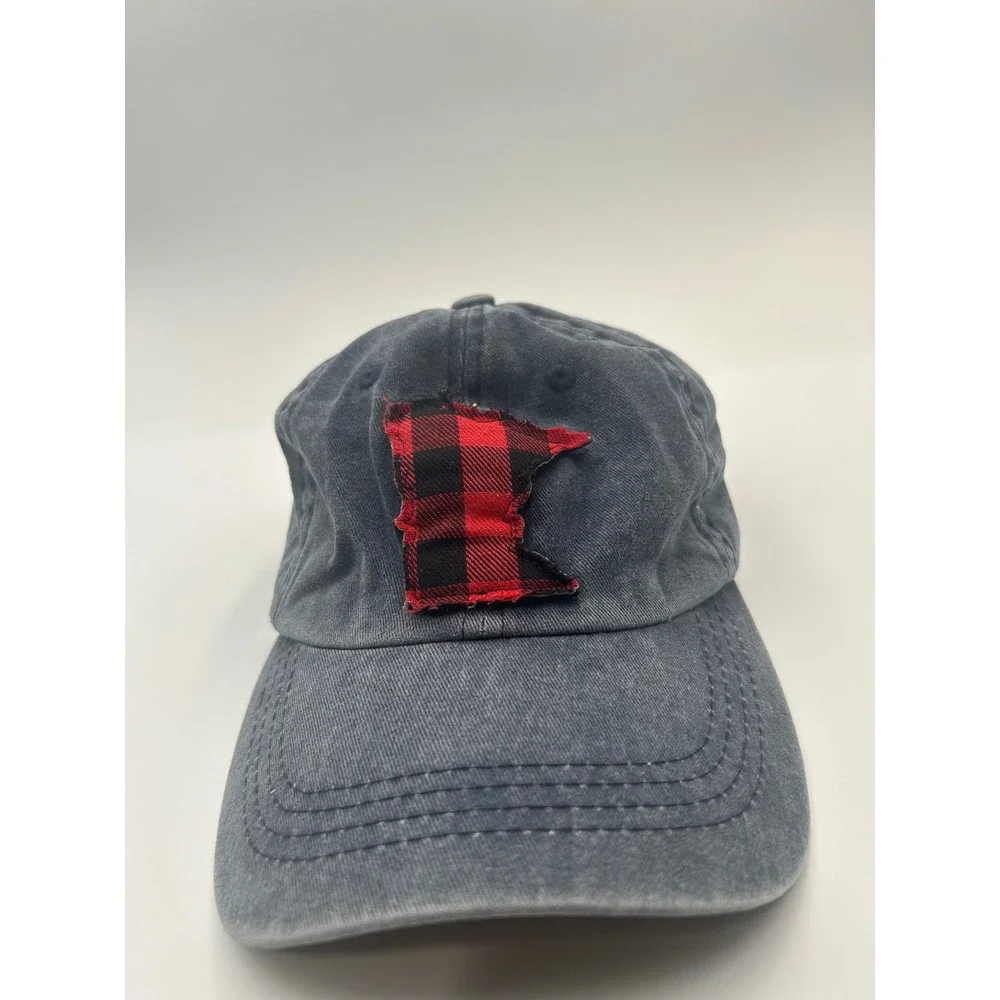 Minnesota State Buffalo Plaid Patch Baseball Cap Washed Navy Blue Hat Adjustable